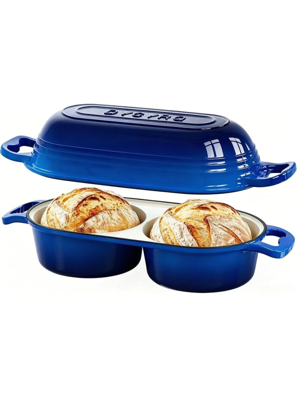 500°F Dark Blue Cast Iron Double Round Bread Loaf Pot with Lid Mini Dutch Oven